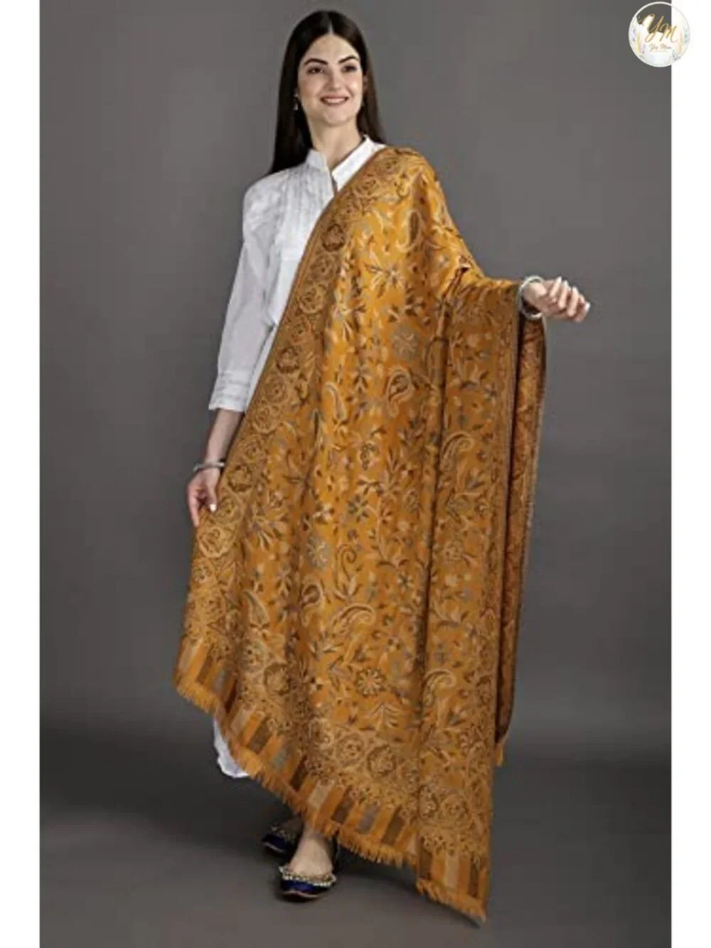 Reversible Jamawar Wool Shawl with Woven Flowers Ethnic Floral Wrap